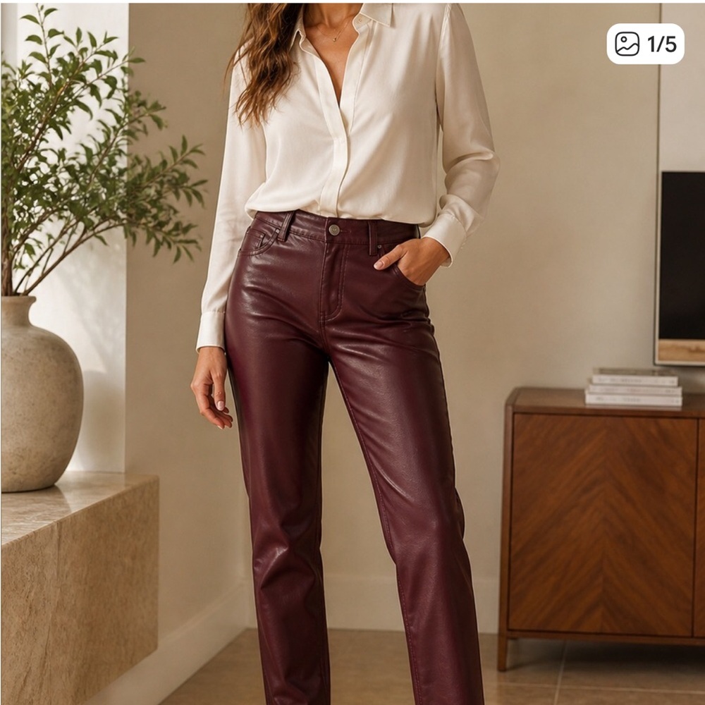 Joie Burgundy Faux Leather Pants Size 18 NWT Straight Leg High Rise Sleek Modern